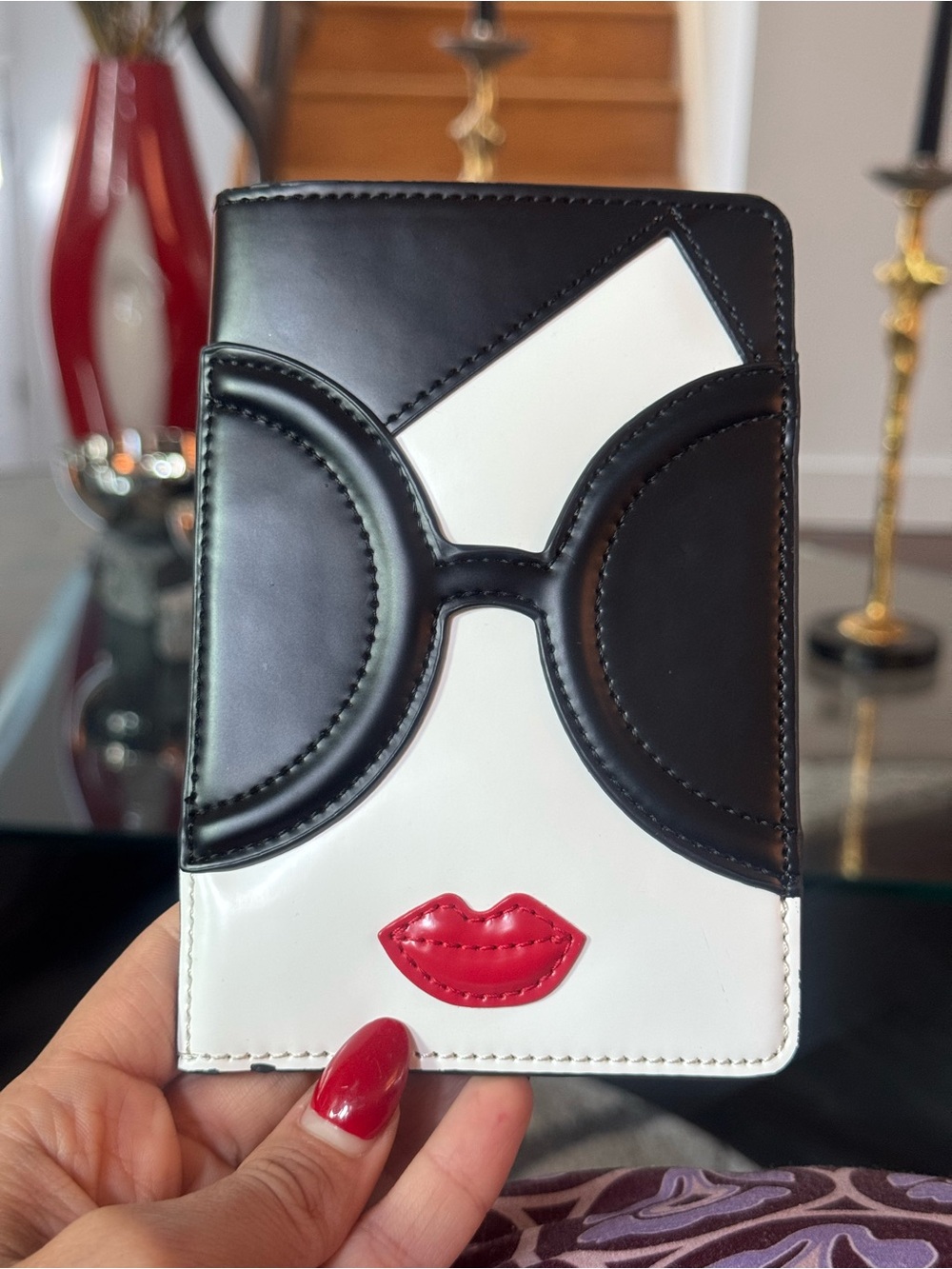 Alice + Olivia Black & White Passport Wallet with Red Lip Accent